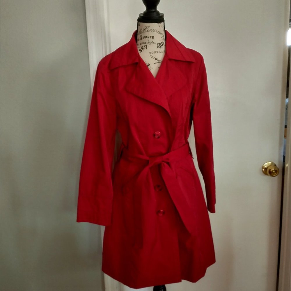 NEW AMBITION RED TRENCH COAT, SIZE LARGE